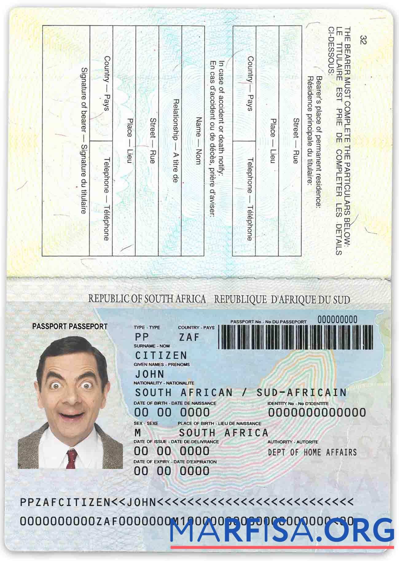 Realistic South Africa passport (1996 2009) real example